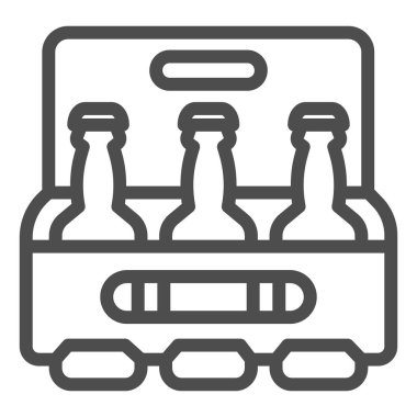 Bira hattı ikonu, içecek konsepti, beyaz arka planda üç şişe işareti olan bira kutusu, mobil konsept için ana hatlı şişe ikonu paketi, web tasarımı. Vektör grafikleri.