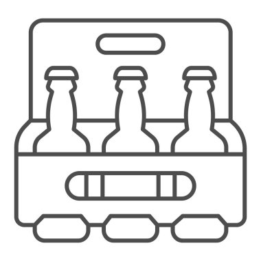 Bir kutu bira, ince çizgi ikonu, içecek konsepti, beyaz arka planda üç şişe işareti olan bira kutusu, mobil konsept için ana hatlı şişe ikonu paketi, web tasarımı. Vektör grafikleri.