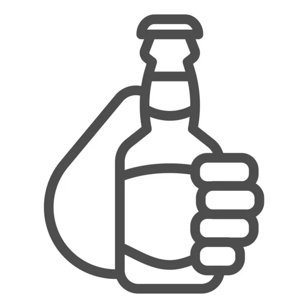 Butelka piwa w ikonie linii ręcznej, Koncepcja piwa rzemieślniczego, ręka ze znakiem butelki na białym tle, Ramię trzymając ikonę butelki piwa w stylu zarysu dla mobilnego i projektowania stron internetowych. Grafika wektorowa. — Wektor stockowy
