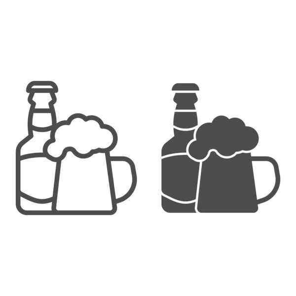 Bottiglia di vetro e linea tazza di birra e icona solida, concetto di birra artigianale, Alcool Drink segno su sfondo bianco, bottiglia di birra con icona di vetro in stile contorno per il concetto di mobile, web design. Grafica vettoriale. — Vettoriale Stock