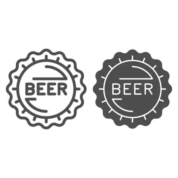 Линия крышки бутылки пива и твердая иконка, концепция пива Craft, знак штампа бара на белом фоне, значок крышки бутылки в стиле наброска для мобильной концепции и веб-дизайна. Векторная графика. — стоковый вектор