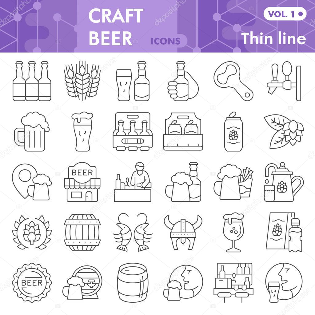 Craft beer thin line icon set, brewery symbols collection or sketches. Beer linear style signs for web and app. Vector graphics isolated on white background.