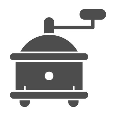 El yapımı kahve öğütücüsü, katı ikon, kahve zamanı konsepti, beyaz arka planda değirmen tabelası, mobil konsept ve web tasarımı için kabartma şeklinde kahve öğütücü ikonu. Vektör grafikleri.