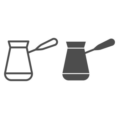 Kahve markası ve sağlam bir ikon, kahve saati konsepti, beyaz arka planda espresso tabelası yapmak için Türk bakır tenceresi, mobil konsept ve web tasarımı için Türk ikonu. Vektör grafikleri.