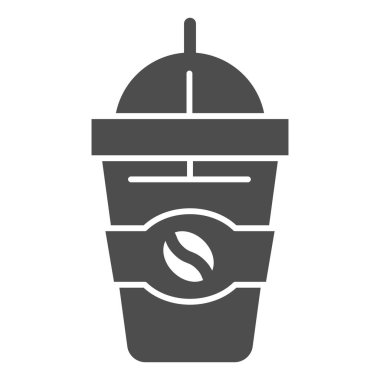 Katı kahve ikonu, kahve zamanı konsepti, beyaz arka planda paket kahve fincanı tabelası, mobil tasarım için glifli kahve çekirdeği sembollü sıcak içecek. Vektör grafikleri.