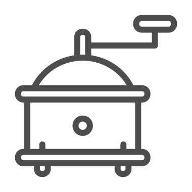 El yapımı kahve öğütücü çizgisi ikonu, kahve zamanı konsepti, beyaz arka planda değirmen tabelası, mobil konsept ve web tasarımı için ana hatlı kahve öğütücü ikonu. Vektör grafikleri.