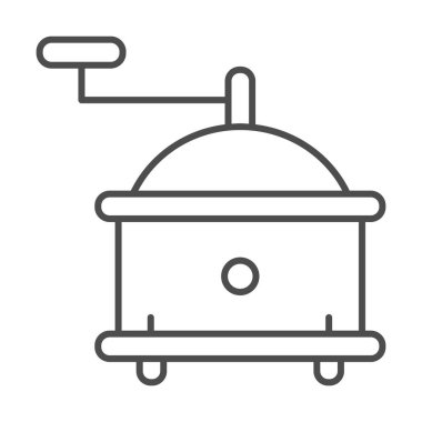 El yapımı kahve öğütücü, ince çizgi ikonu, kahve zamanı konsepti, beyaz arka planda değirmen tabelası, mobil konsept ve web tasarımı için ana hatlı kahve öğütücü ikonu. Vektör grafikleri.