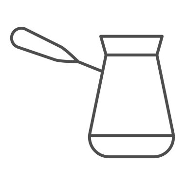 Kahve türkü ince çizgi ikonu, kahve zamanı konsepti, beyaz arka planda espresso tabelası yapmak için Türk bakır tenceresi, mobil konsept ve web tasarımı için Türk ikonu. Vektör grafikleri.