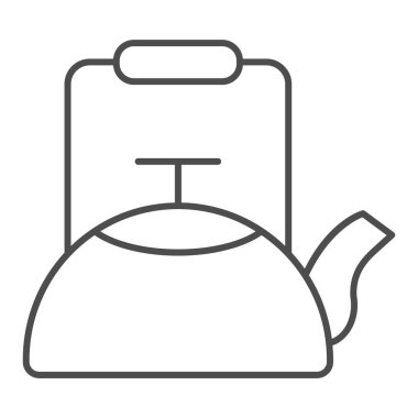 Kettle ince çizgi ikonu, kahve zamanı konsepti, beyaz arka planda çaydanlık tabelası, mobil konsept ve web tasarımı için taslak biçimli mutfak çaydanlığı ikonu. Vektör grafikleri.
