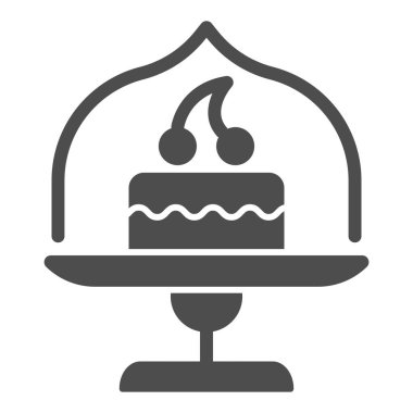 Cam kapaklı tabak ve katı pasta ikonu, fırın konsepti, beyaz arka planda tatlı tabelalı pasta standı, cep telefonu ve internet için cam kap ikonu şeklinde kek. Vektör grafikleri.