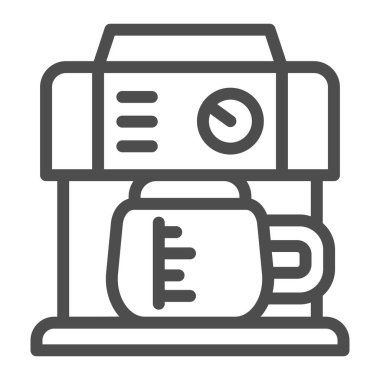 Kettle Line ikonuna sahip kahve makinesi, kahve zamanı konsepti, arka planda mutfak aletleri tabelası, mobil konsept ve web tasarımı için taslak biçimli kahve makinesi ikonu. Vektör grafikleri.