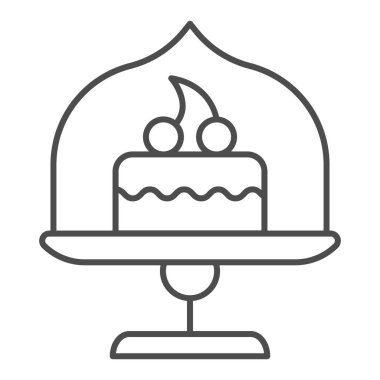 Cam kapaklı tabak ve ince pasta çizgisi ikonu, fırın konsepti, beyaz arka planda tatlı tabelalı pasta standı, cep telefonu ve internet için ana hatlı cam kap ikonunda kek. Vektör grafikleri.