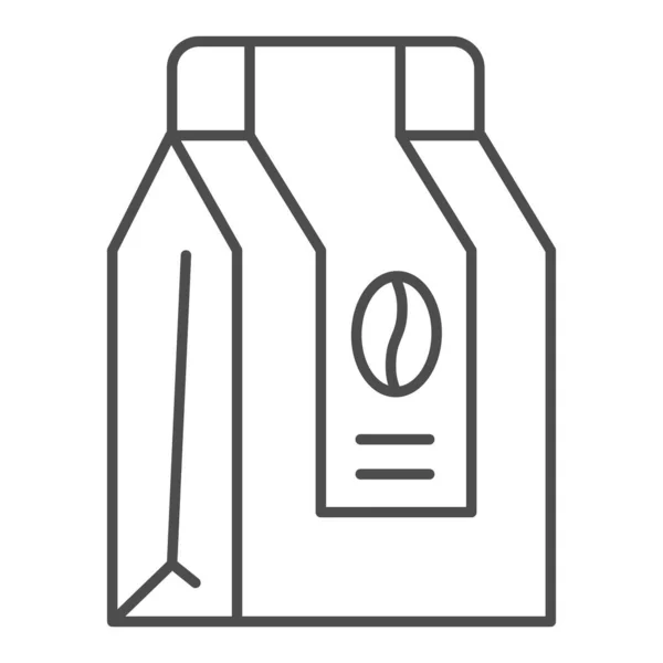 Granos de café en un icono de línea delgada del paquete, concepto de tiempo de café, cartel del paquete de papel sobre fondo blanco, bolsa con icono de granos de café en estilo de esquema para el concepto móvil, diseño web. Gráficos vectoriales. — Archivo Imágenes Vectoriales