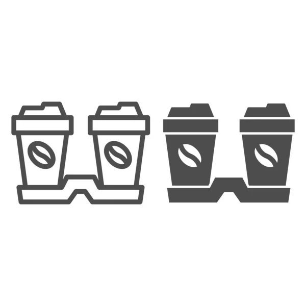 Paar kopjes koffie lijn en solide pictogram, Koffie tijd concept, Twee wegwerp papieren bekers met bonen teken op witte achtergrond, Koffie drankje pictogram in omtrek stijl voor mobiel en web. vectorgrafieken. — Stockvector