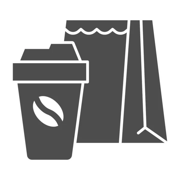 Tazza di icona solida del caffè e del pacchetto, concetto di ora del caffè, segno del pacchetto cibo da asporto su sfondo bianco, sacchetto di imballaggio di carta e icona della tazza di caffè in stile glifo. Grafica vettoriale. — Vettoriale Stock