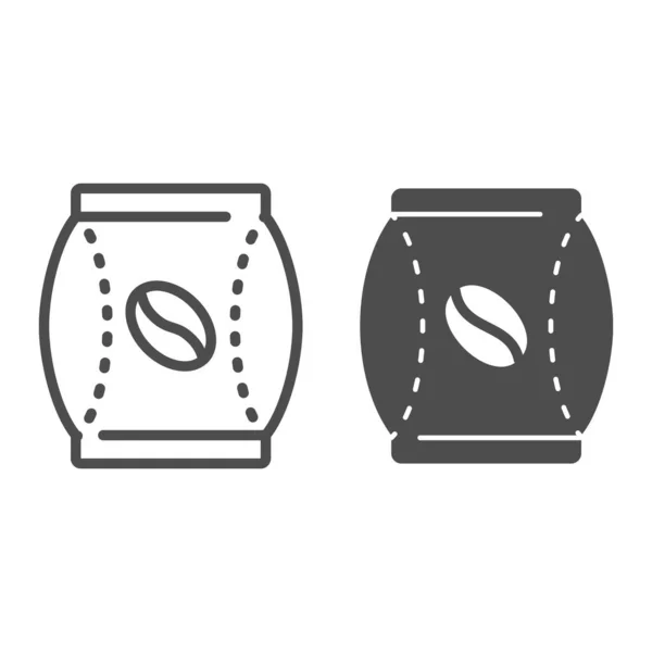 Bolsa de vacío con línea de granos de café e icono sólido, concepto de tiempo de café, cartel del paquete de papel sobre fondo blanco, icono del paquete de granos de café en estilo de esquema para el concepto móvil, diseño web. Gráficos vectoriales. — Vector de stock