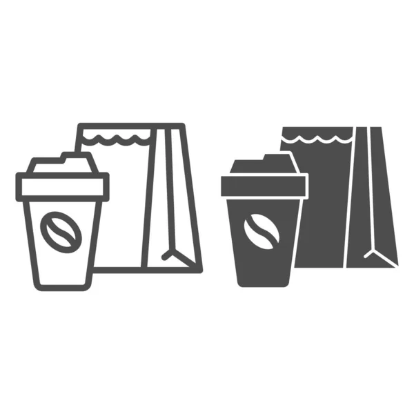Taza de café y línea de paquetes e icono sólido, concepto de hora del café, muestra de paquete de comida para llevar sobre fondo blanco, bolsa de embalaje de papel e icono de taza de café en estilo de esquema. Gráficos vectoriales. — Vector de stock