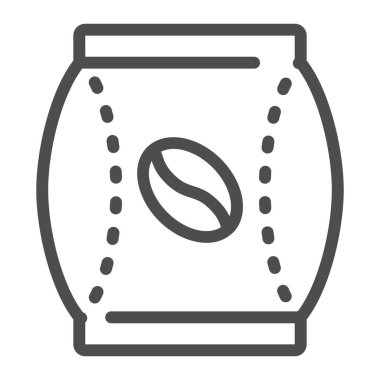 Kahve çekirdeği çizgisi ikonlu vakum torbası, kahve saati konsepti, beyaz arka planda kağıt paket tabelası, mobil konsept için ana hatlı kahve paketi ikonu, web tasarımı. Vektör grafikleri.