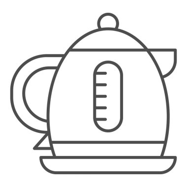 Elektrikli kettle ince çizgi ikonu, kahve zamanı konsepti, beyaz arka planda çaydanlık tabelası, mobil konsept ve web tasarımı için taslak biçimli çaydanlık ikonu. Vektör grafikleri.