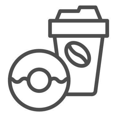 Simge haline getirmek için çörek ve kahve, kahvaltı konsepti, beyaz arka planda çörek tabelası olan kahve molası, ana hatlarda tatlı çörek ikonu olan tek kullanımlık kahve fincanı. Vektör grafikleri.