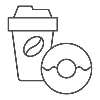 İnce çizgi ikonu, kahvaltı konsepti, beyaz arka planda çörek tabelası olan kahve molası, ana hatlı tatlı çörek ikonu olan tek kullanımlık kahve fincanı. Vektör grafikleri.