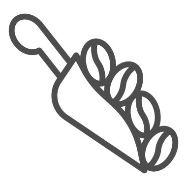 Kahve çekirdeği kuyruğu ikonlu kepçe, kahve zamanı konsepti, beyaz arka planda fasulye tabelası küreği, cep telefonu ve web tasarımı için ana hatları belirlenmiş kahve kepçesi ikonu. Vektör grafikleri.