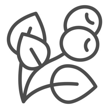 Kahve bitkisi ikonu, kahve zamanı konsepti, beyaz arka planda yapraklı ve dutlu bitki, kahve ağacı dalı, mobil ve internet için ana hatlı ikon. Vektör grafikleri.