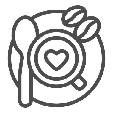 Fasulye ve kaşık çizgisi ikonu olan bir fincan kahve, kahve zamanı konsepti, beyaz arka planda latte işareti olan bir kupa, dekorasyonlu kahve fincanı ve ana hatlı fasulye ikonu. Vektör grafikleri.