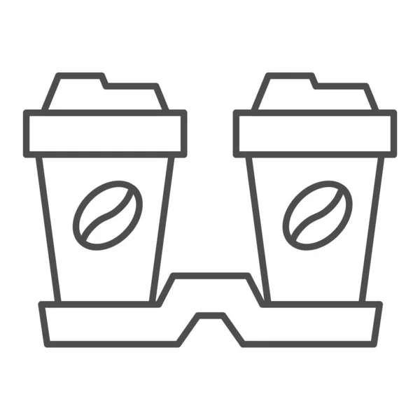Paar kopjes koffie dunne lijn pictogram, Koffie tijd concept, Twee wegwerp papieren bekers met bonen teken op witte achtergrond, Koffie drankje pictogram in omtrek stijl voor mobiel en web. vectorgrafieken. — Stockvector