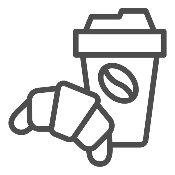 Croissant und Kaffeelinie-Symbol, Frühstückskonzept, Kaffeepause mit Croissant-Zeichen auf weißem Hintergrund, Papiertasse mit Heißgetränk und Croissant-Symbol im Umriss. Vektorgrafik. — Stockvektor