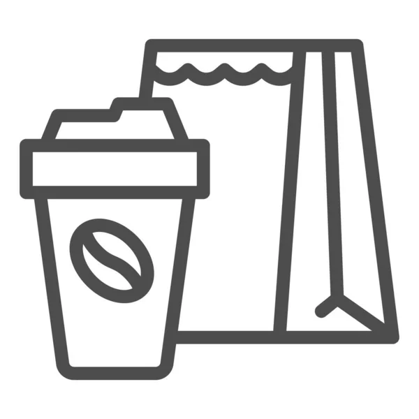 Icono de la línea de café y paquete, concepto de hora del café, muestra del paquete de comida para llevar en el fondo blanco, bolsa de embalaje de papel e icono de la taza de café en estilo de esquema. Gráficos vectoriales. — Vector de stock