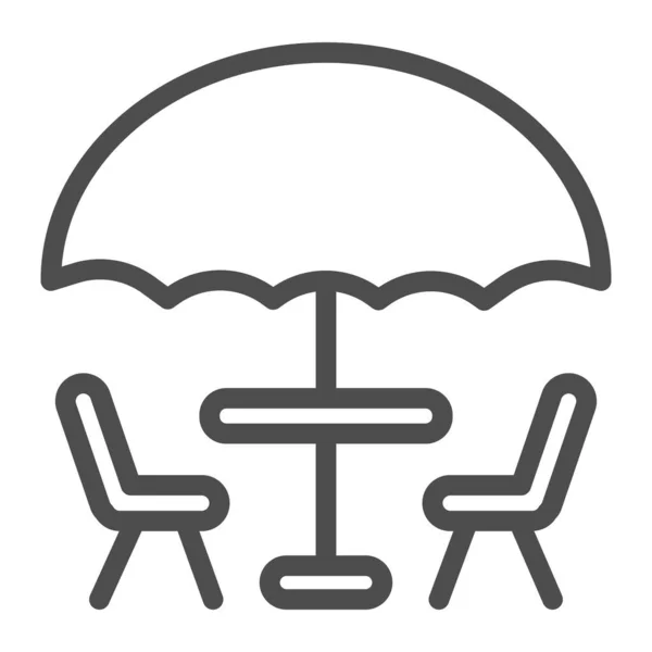 Paraguas y mesa con el icono de la línea de sillas, concepto de la hora del café, letrero de café en la calle sobre fondo blanco, mesa con paraguas para el icono de la terraza en el estilo de esquema para móviles, web. Gráficos vectoriales. — Archivo Imágenes Vectoriales