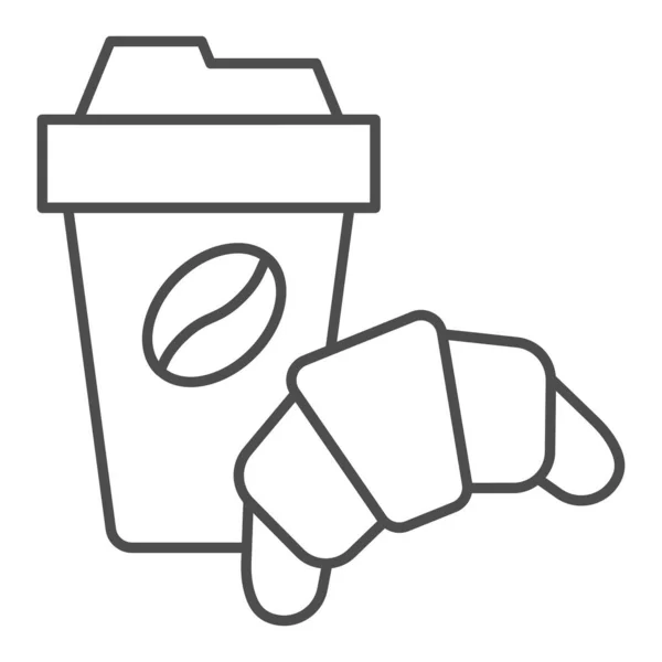Croissant en kopje koffie dunne lijn pictogram, ontbijt concept, koffiepauze met croissant teken op witte achtergrond, papieren beker met warme drank en croissant pictogram in omtrek. vectorgrafieken. — Stockvector