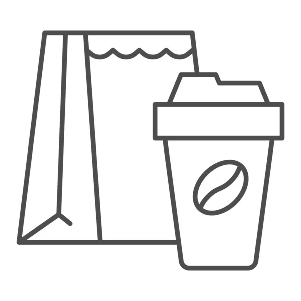 Kopje koffie en verpakking dunne lijn pictogram, Koffie tijd concept, Take away food pakket teken op witte achtergrond, papieren verpakking zak en koffiekopje pictogram in omtrek stijl. vectorgrafieken. — Stockvector