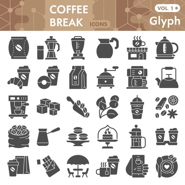Set di icone di caffè solido, collezione di simboli di pausa caffè o schizzi. Caffè segni di stile glifo tempo per il web e app. Grafica vettoriale isolata su sfondo bianco. — Vettoriale Stock