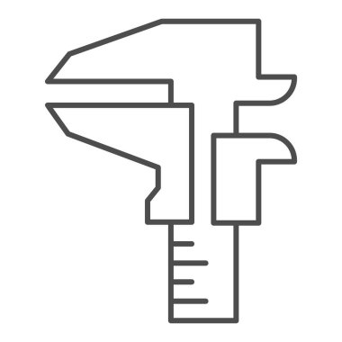 Kalifiye ince çizgi ikonu, ev onarım konsepti, beyaz arka planda mühendislik ölçüm işareti, mobil konsept ve web tasarımı için ana hatlar şeklinde vernier caliper simgesi. Vektör grafikleri.