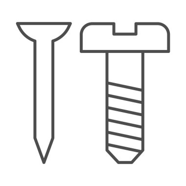 Vida ve çivi ince çizgi ikonu, ev onarım konsepti, beyaz arka planda çalışma araçları tabelası, mobil konsept ve web tasarımı için ana hatlar şeklinde çivi ve vileme simgesi. Vektör grafikleri.