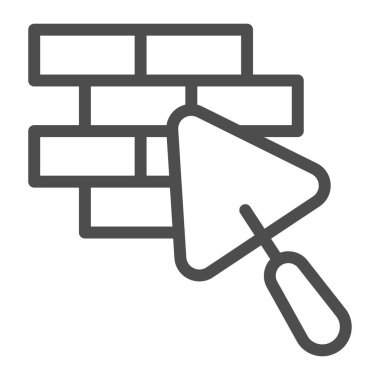 Tuğla işi ve mala çizgisi ikonu, ev onarımı konsepti, beyaz arka planda tuğla döşeme tabelası, taşınabilir konsept ve web tasarımı için ana hatlı tuğla duvar mala ikanesi ikonu. Vektör grafikleri.