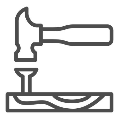 Tahta çizgisi simgesine çivi çakılmış çekiç, ev onarımı konsepti, beyaz zemin üzerinde marangozluk tabelası, çekiç, mobil ve web tasarımı için ana hatlı bir çivi simgesine çarpıyor. Vektör grafikleri.