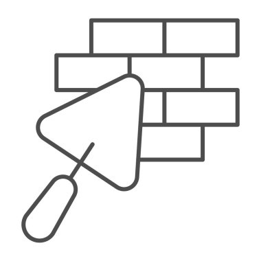 Tuğla işi ve malafat ince çizgi ikonu, ev onarımı konsepti, beyaz arka planda tuğla döşeme tabelası, taşınabilir konsept ve web tasarımı için ana hatlı tuğla duvar mala ikanesi ikonu. Vektör grafikleri.