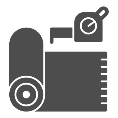 Linolyum rulo ve metre katı ikon, ev onarımı konsepti, beyaz arka planda rulet tabelası, mobil tasarım için kağıt rulo ikonlu rulet. Vektör grafikleri.