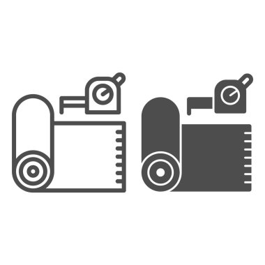 Linolyum rulo ve metre çizgisi ve katı ikon, ev onarım konsepti, beyaz arka planda rulet tabelası, cep telefonu, web tasarımı için ana hatlı kağıt rulo ikonu olan rulet. Vektör grafikleri.