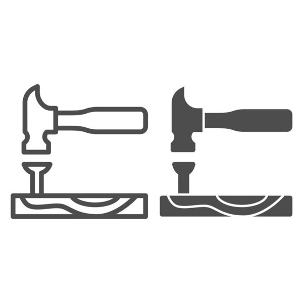 Hammer with nail in board line and solid icon, house repair concept, carpentry tools sign on white background, hammer hitting a nail icon in outline style for mobile and web design. Vector graphics.