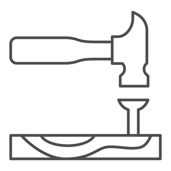 ボードの細い線のアイコンで爪を持つハンマー、家の修理の概念は、白い背景に大工ツールのサイン、携帯電話やウェブデザインのアウトラインスタイルで爪のアイコンを押すハンマー。ベクトルグラフィックス. — ストックベクタ