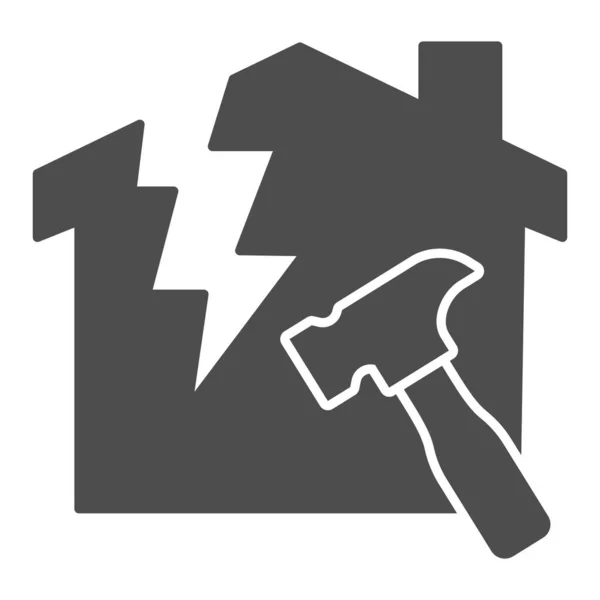 House with a crack and hammer solid icon, house repair concept, Reconstruction sign on white background, Destroyed building with hummer icon in glyph style for mobile, web. Vector graphics. — Stock Vector