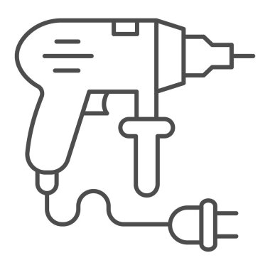 Perforatör ince çizgi simgesi, ev onarım konsepti, beyaz zemin üzerinde kordon işareti olan profesyonel elektrikli matkap, mobil ve web için taslak biçimli delme aracı simgesi. Vektör grafikleri.