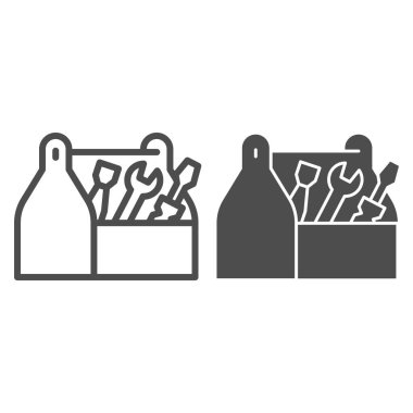 Araç kutusu hattı ve katı ikon, ev onarım konsepti, beyaz arka planda tahta araç kutusu tabelası, mobil konsept ve web tasarımı için ana hatları belirlenmiş araç ikonu. Vektör grafikleri.