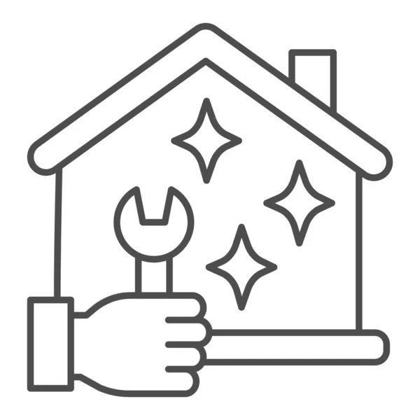 Σπίτι και το χέρι με κλειδί εικονίδιο λεπτή γραμμή, Αρχική έννοια επαγγελματικές υπηρεσίες, το σπίτι συντήρησης υπογράψει σε λευκό φόντο, Σπίτι και κλειδί εικονίδιο σε στυλ περίγραμμα για το κινητό, web. Διανυσματικά γραφικά. — Διανυσματικό Αρχείο