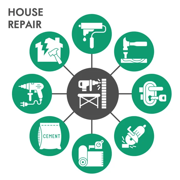 Reparação de casa moderna Modelo de design infográfico com ícones. Reparação em casa Visualização infográfica em design de bolhas em fundo branco. Ilustração vetorial criativa para infográfico . — Vetor de Stock