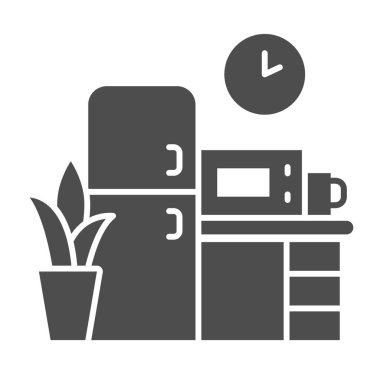 Mutfak katı ikonu, birlikte çalışma konsepti, beyaz arka planda mobilya tabelası, mobil konsept ve web tasarımı için ofis mutfağı simgesi. Vektör grafikleri.